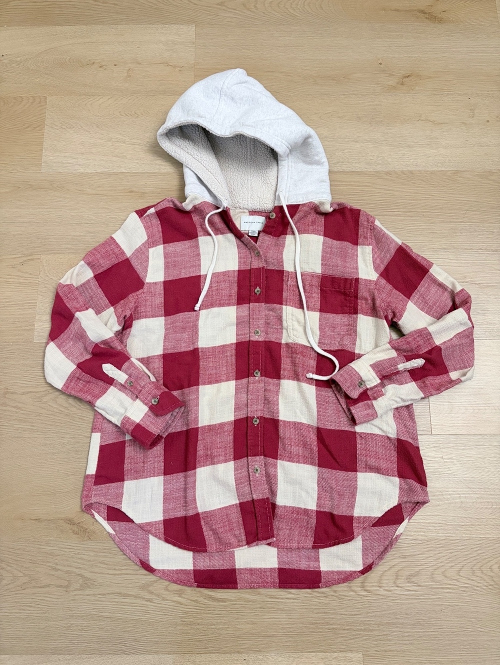 American Eagle Red Plaid Sherpa Hooded Flannel Shirt Men’s Size M